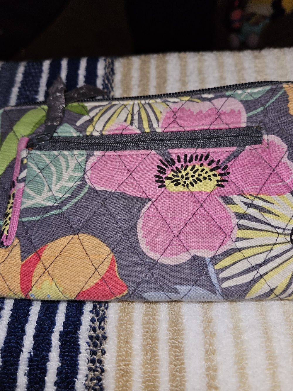 Vera Bradley Quilted Floral Cosmetic Pouch in Gray, Pink and Yellow